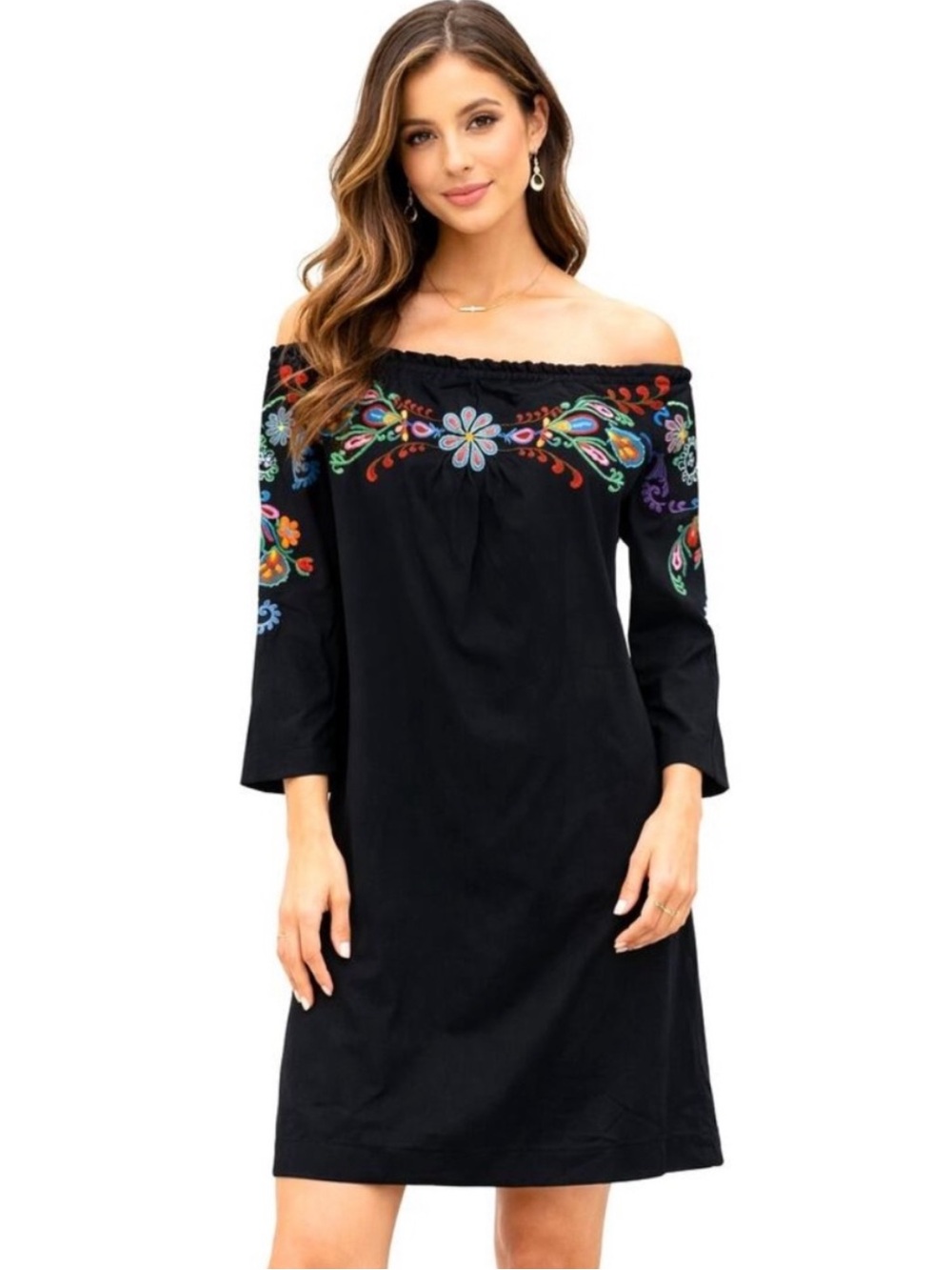 Johnny Was JWLA Black Embroidered Long Sleeve Dress